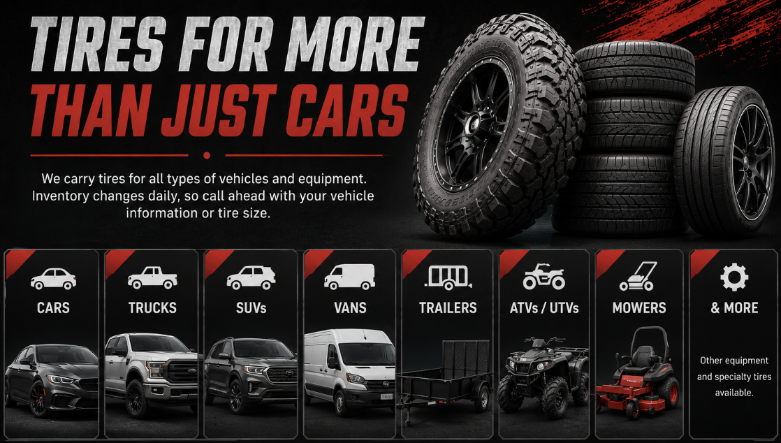 Tires for trucks, SUVs and vans, trailers, ATVs and UTVs, and lawn mowers — new and used, cars, trucks, SUVs, vans, trailers, ATVs, UTVs, lawn mowers